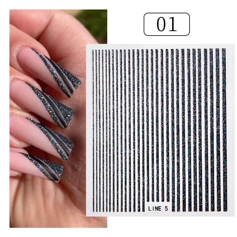 3D Nail Stickers Bronzing Gold Silver Lines Stripe Geometric Design Flowers Gradient Adhesive Slider Papers Nail Art Accessories