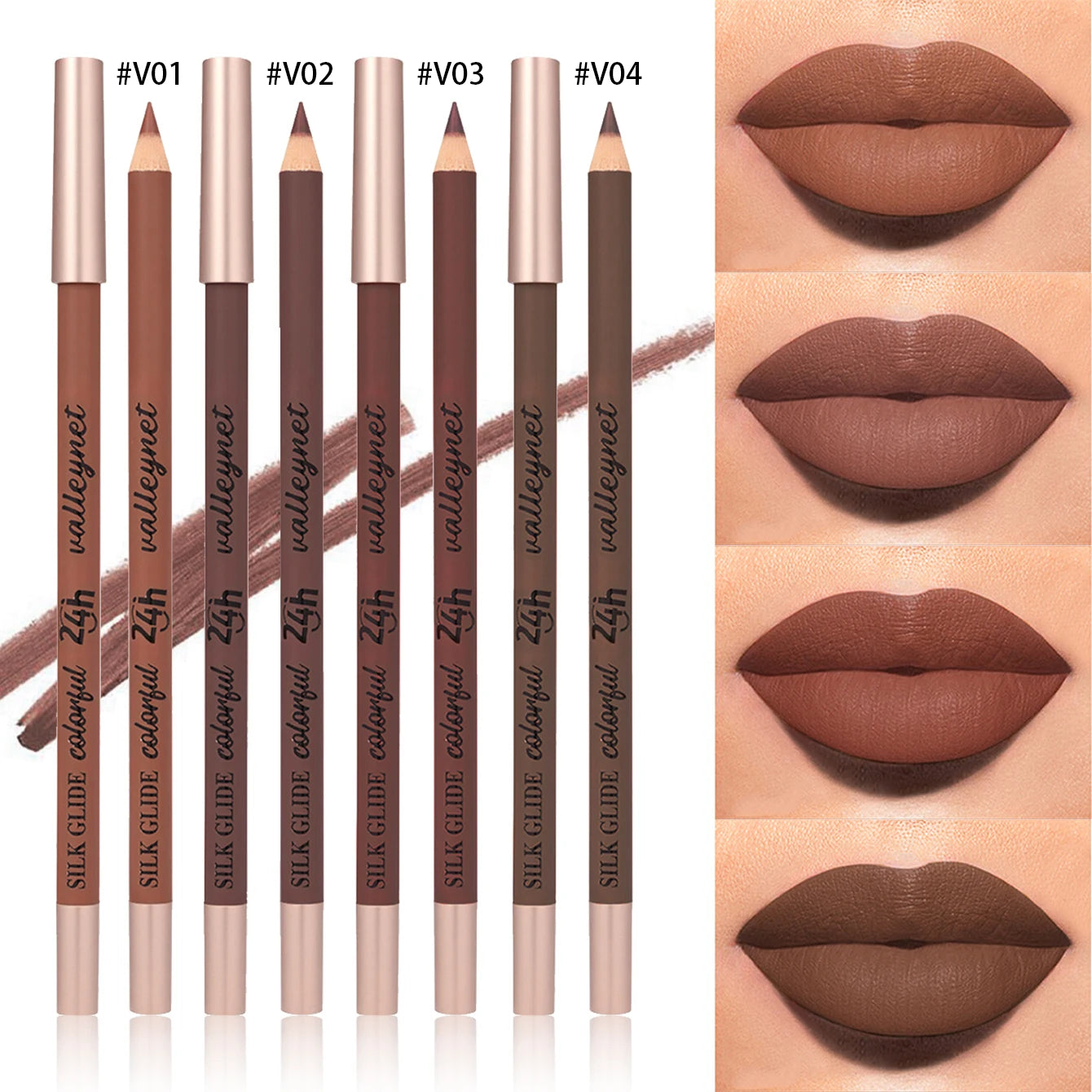 4 Pcs/set Brown Matte Lip Liner | Creamy Waterproof  Long-lasting Waterproof Highly Pigmented Velvety Finish Lip Combo Makeup