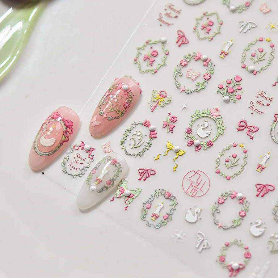 1PCS Crystal Diamond Nail Sticker Mix Pink Swan Flower Frame Butterfly Self Adhesive Nail Art Stickers DIY Cute Decoration Parts