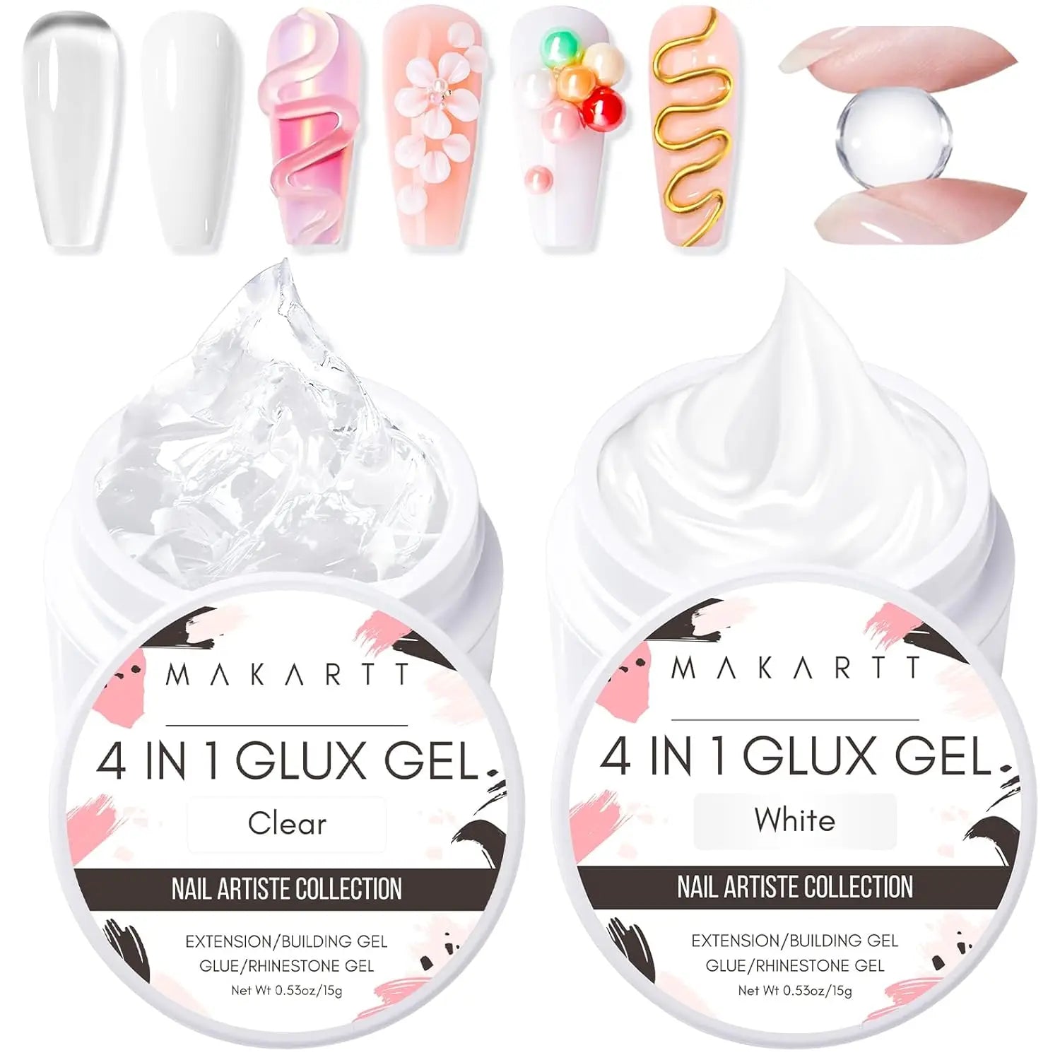 Makartt Solid Gel Builder: 4-in-1 Clear White Non-sticky for Extension 3D Sculpting Nail, UV Glue for Acrylic Tips, Rhinestones