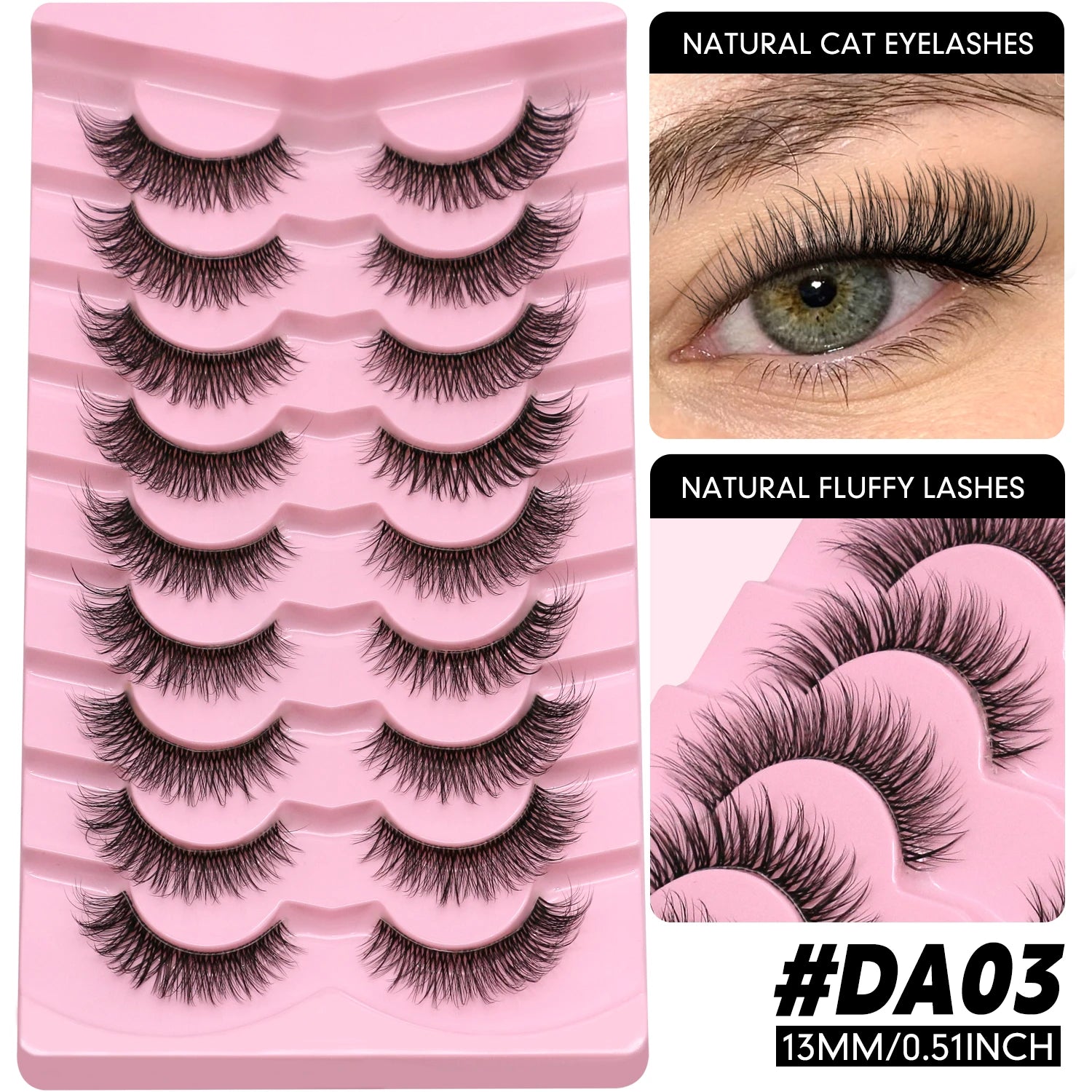 LASVIREY Fluffy Cat Eye Lashes Natural Mink Lashes Clear Band Natural Fluffy D Curl  Lashes Extension Full Strip False Eyelashes