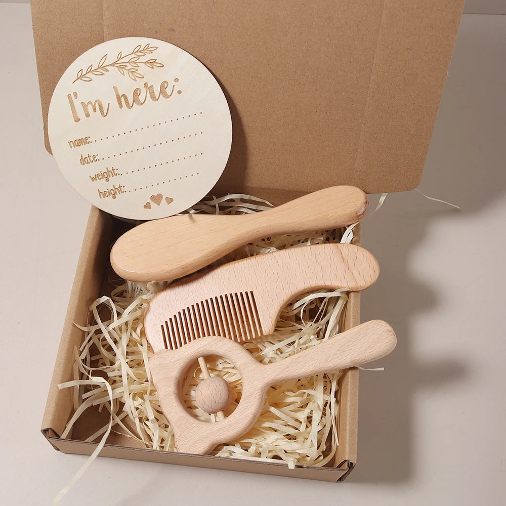 3-4 pcs baby comb brush set newborn gift set Natural Wool beech  baby crochet bunny rattle baby shower gift