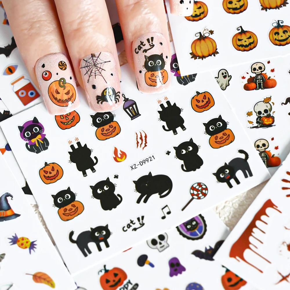 30Pcs 3D Halloween Cartoon Ghost Spider Bat Pumpkin Nail Stickers Mixed Punk Black Halloween Nail Decal 5x6cm Manicure Slider &*