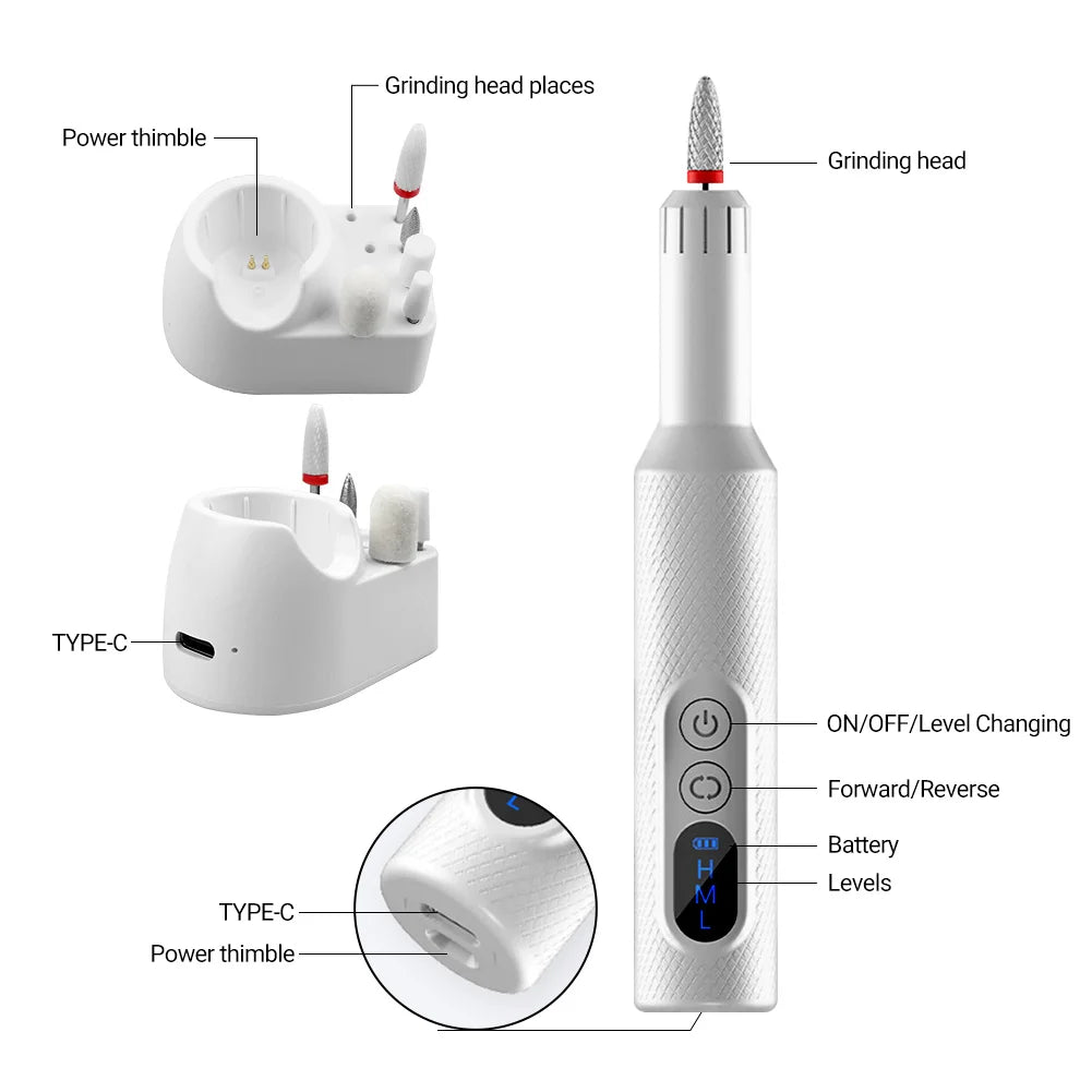 6in1 Wireless Nail Drill 15000RPM with LED Light and Screen Manicure Cutter Nail Repair Pedicure Milling Cutter Polisher Sander