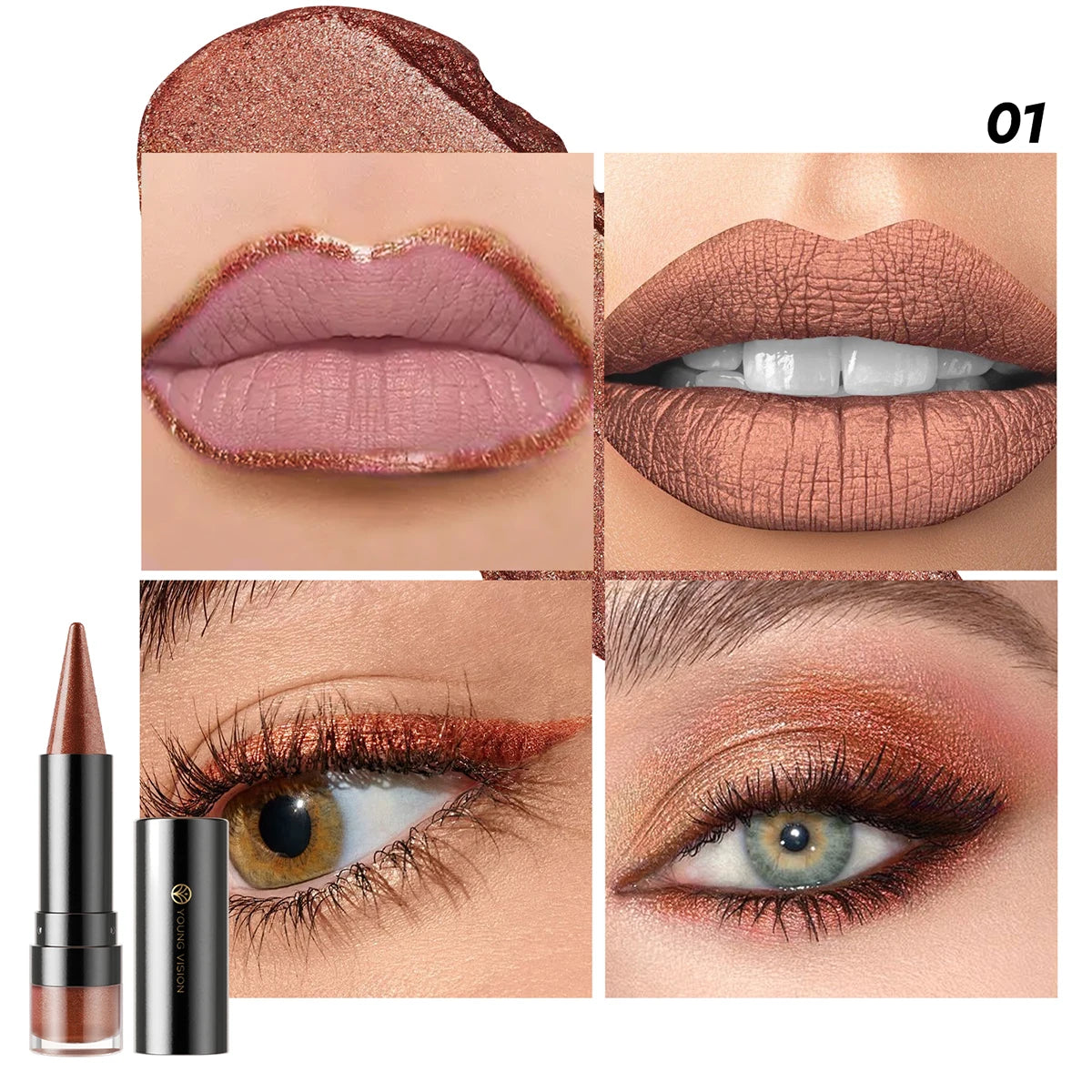 YOUNG VISION Dual-Finish Lipstick Pointed Tip 6 Colors Matte Pearl Shimmer Waterproof Kiss-Proof Non-Transfer
