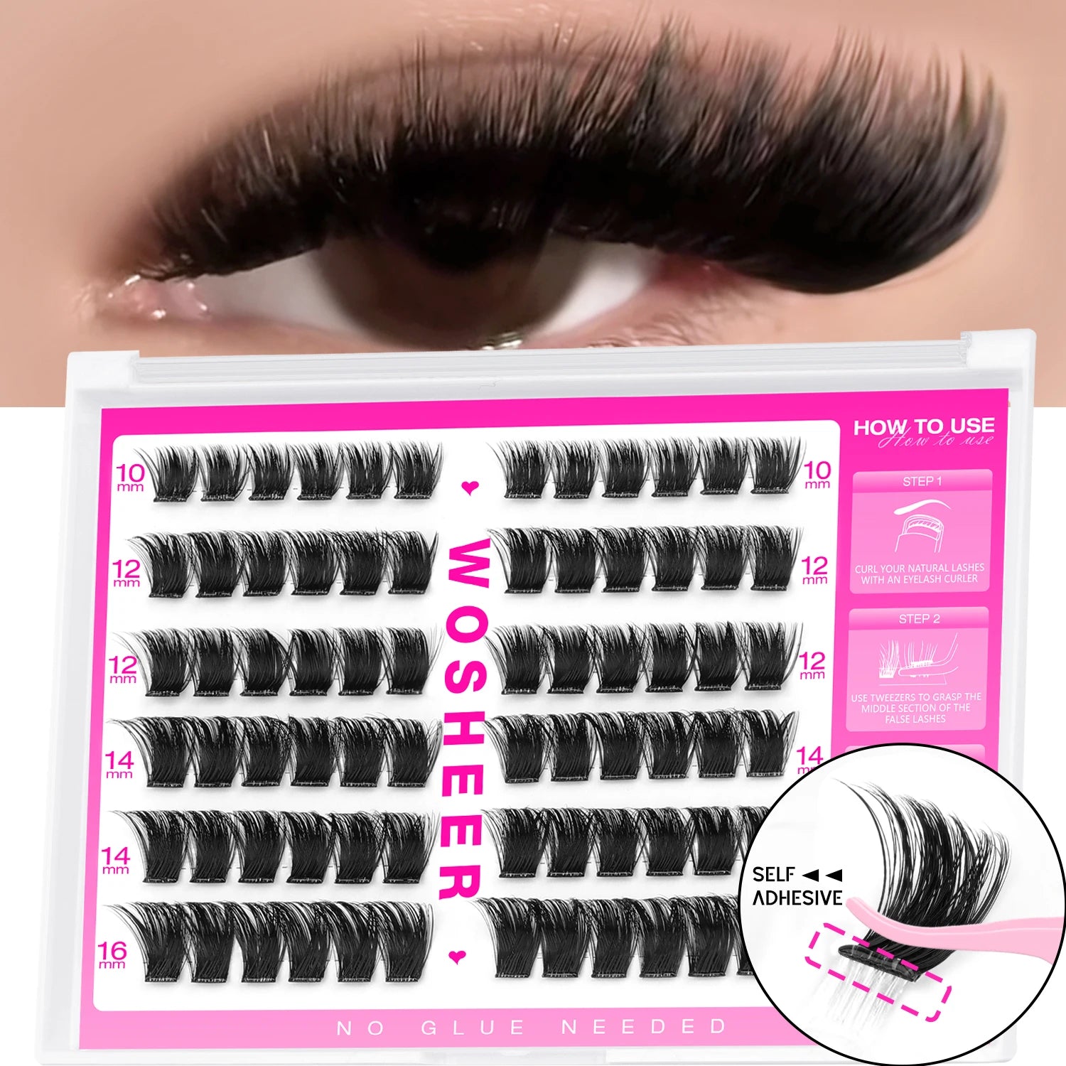 WOSHEER Self Adhesive Lash Clusters Pre Glued Eyelash Clusters No Glue Needed Lashes Wispy Eyelash Extensions Individual Lashes