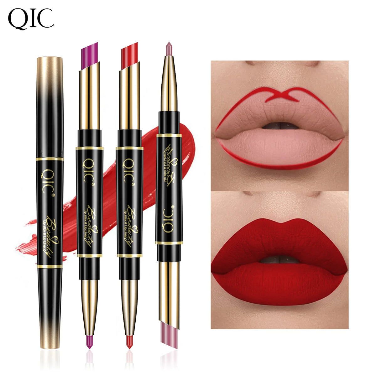 QIC Lipstick Lipliner Pen Matte Velvet Lip Liner Pencil Contour Makeup Sexy Red Lip Stick Long Lasting Cosmetics