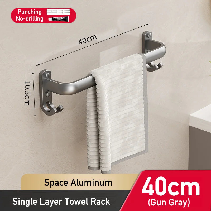 Space Aluminum Multi Rod Towel Bar Bathroom Accessories Wall Hanging Towel Holder Hanger Bath Room Shelf with Hooks Towel Rail