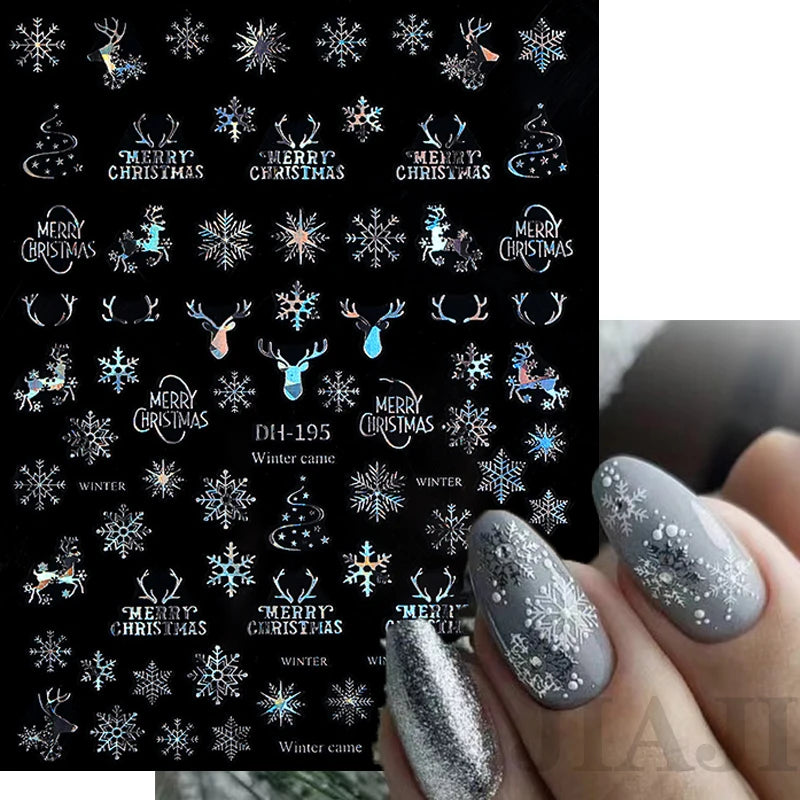 Sliver Bronzing 3D Christmas Nail Art Decoration Sticker Sparkly White Colorful Glitter Geometry Snowflake Winter Slider Foil