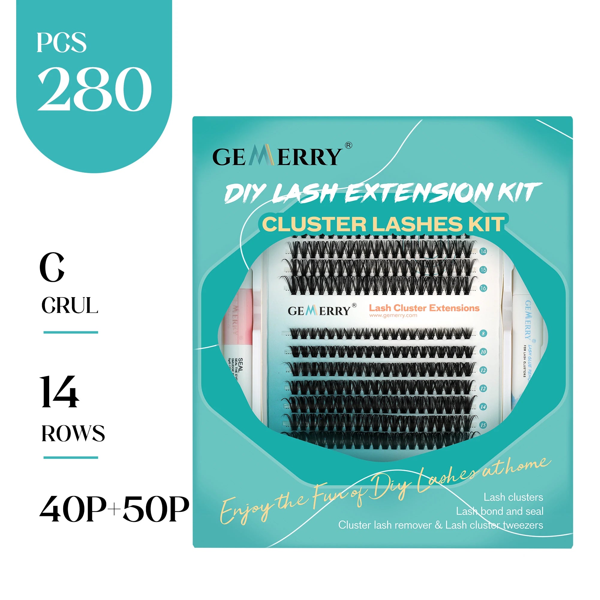 Gemerry 40P/50P DIY Lashes Extension Kit With 280 PCS False Lash Clusters Lash Bond And Seal Lash Glue Remover And Lash Tweezers