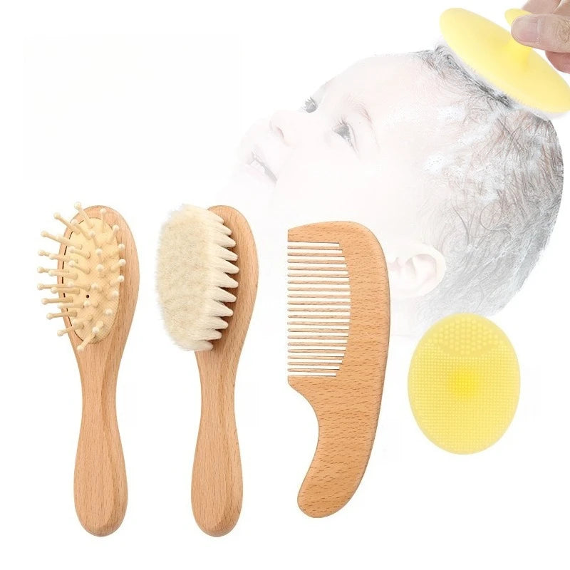 4pcs Baby Brushes Comb Set Wooden Natural Ultra Soft Goat Baby Hair Massage Brush for Newborn Hair Combs Set for Boy Girl