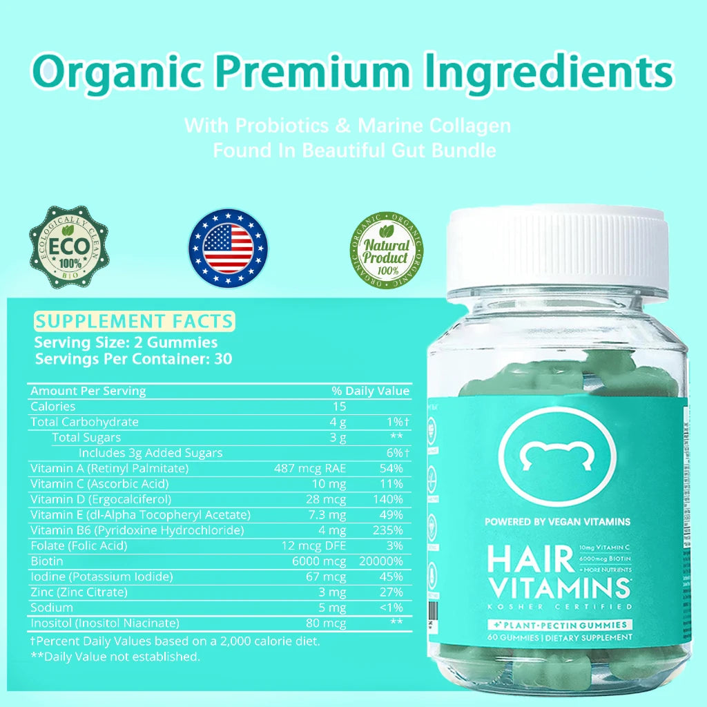 Premium Vegan Hair Vitamins Supplement - Hair, Skins & Nails Collagen & Biotin Gummies, Hair Growth Fast Gummy for Men & Women