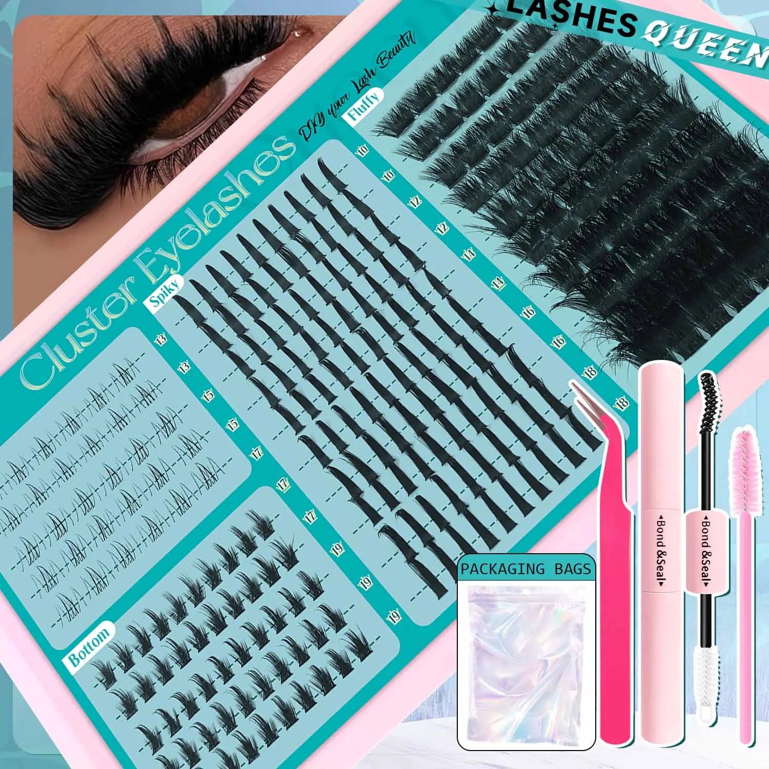 Eyelash Extension Kit Spiky Lashes Extension Thick Individual Cluster Lashes with Spikes&Bottom Lashes Bond And Seal Makeup