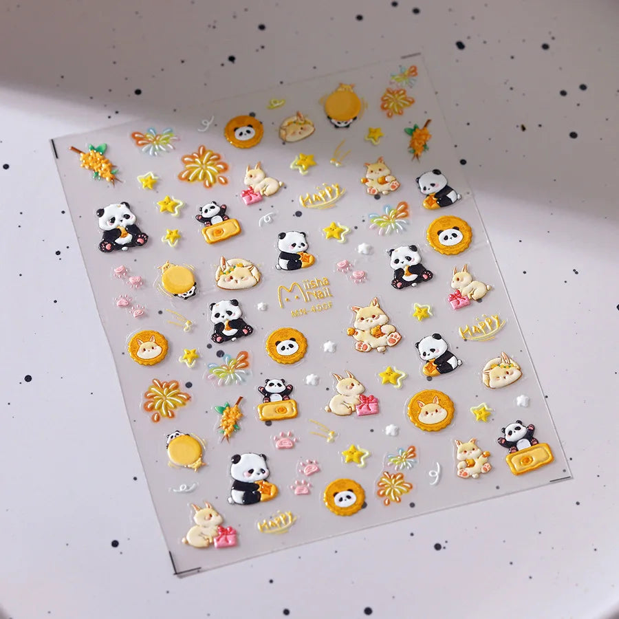 1pcs 5D Embossed Chinese Bamboo Panda Design Nail Art Kawaii Stickers Self-adhesive Transfer Nail Decorations Slider Decals DIY