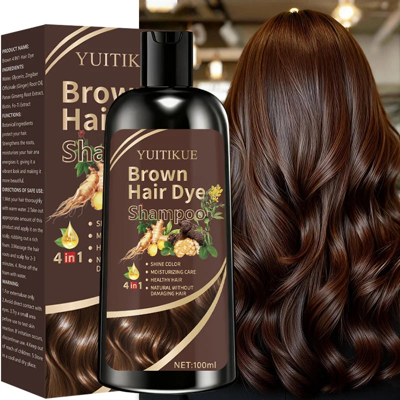 YUITIKUE Brown Hair Dye Shampoo | 4-in-1 Color, Moisturize, Nourish, Natural Ginger Formula 100ml