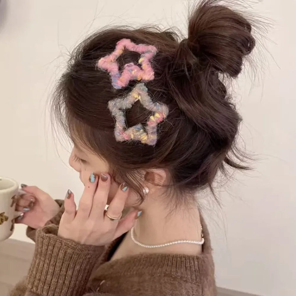 4Pcs Star Hair Clips, Colorful KnittingHair Clips, Elegant 5-Star Hairband Clips, Hair Accessories For Girl To Style Side Braids
