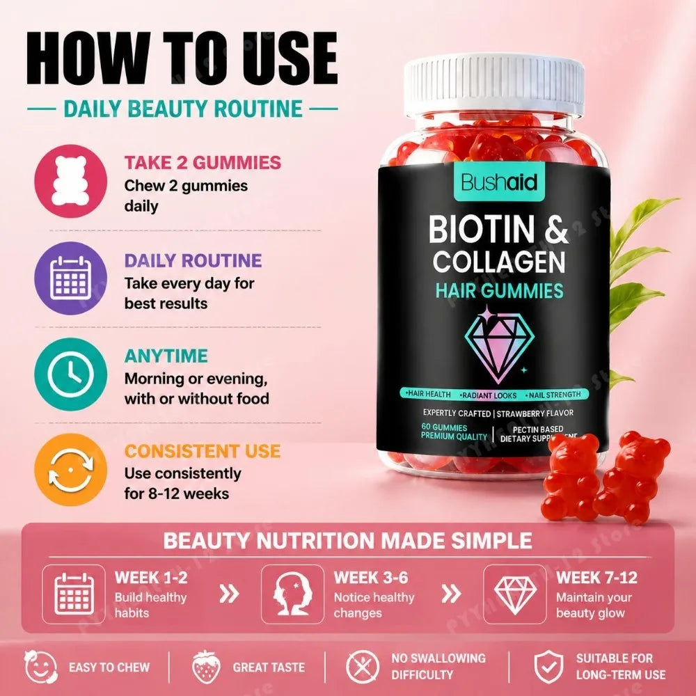 Bushaid Biotin Collagen Hair Gummies Strawberry Flavor Biotin 600mcg MSM Vitamins A D B6 B12 Non-GMO Vegan Gluten Free 60 Count