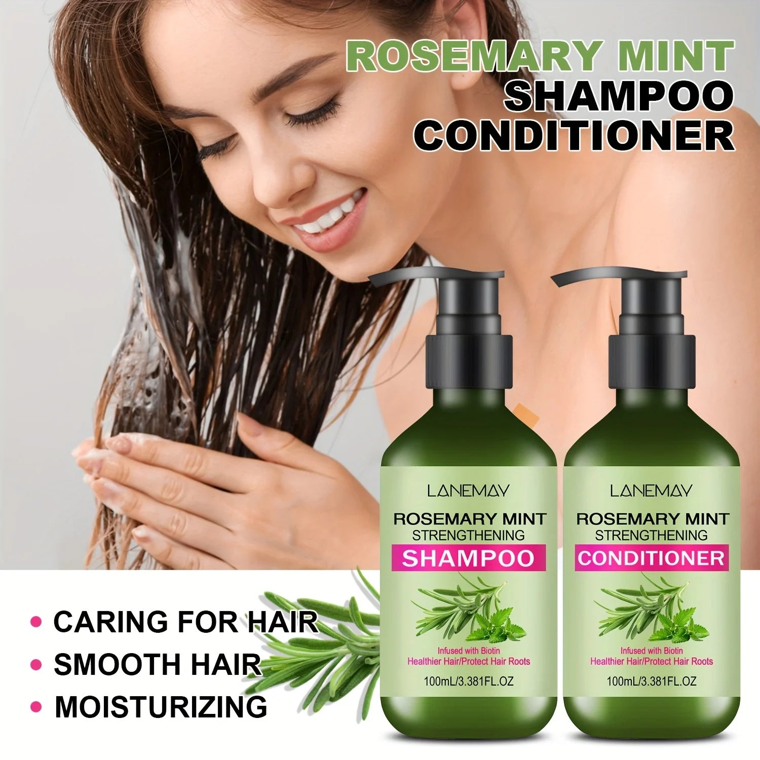 2PCS Rosemary Mint Strengthening Shampoo and Conditioner Set, Moisturizing with Rosemary Extract for Healthier, Stronger Hair