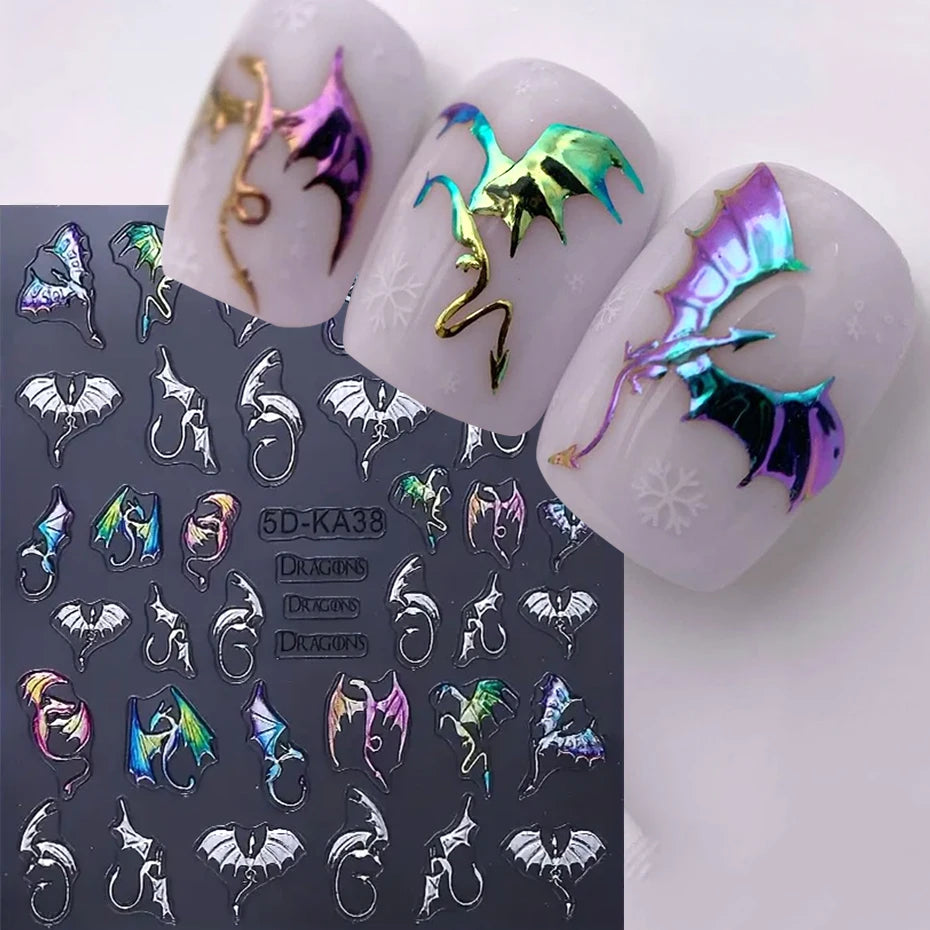 Metallic Silver ChameleonDragon Nail Art Stickers Evil Bat Flying Dragon Designs Y2K Halloween Embossed Nail Decals Decoration