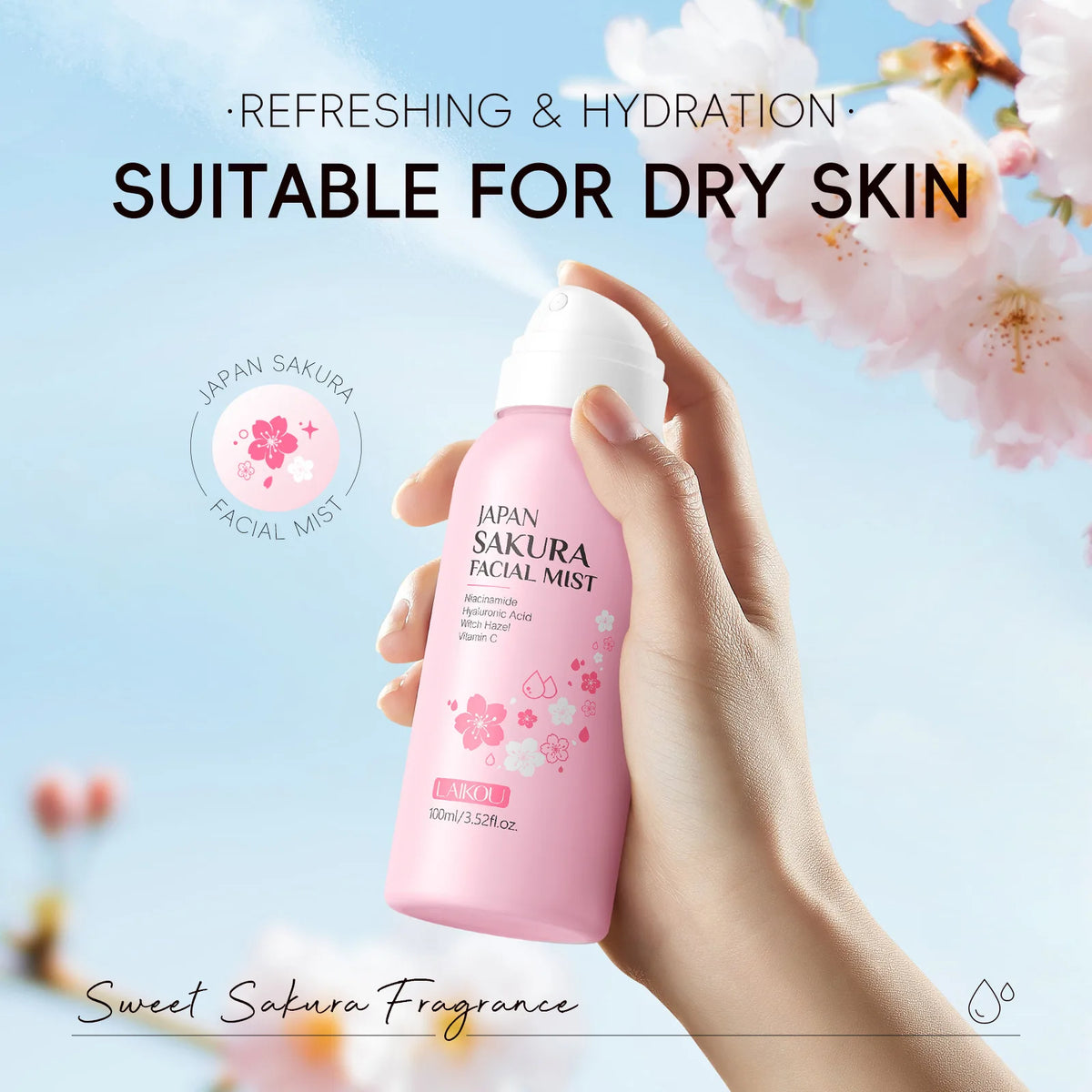 LAIKOU Sakura Facial Mist 100ml Hydrating Spray Moisturizing Brightening Toner Oil Control Shrink Pores Skin Care