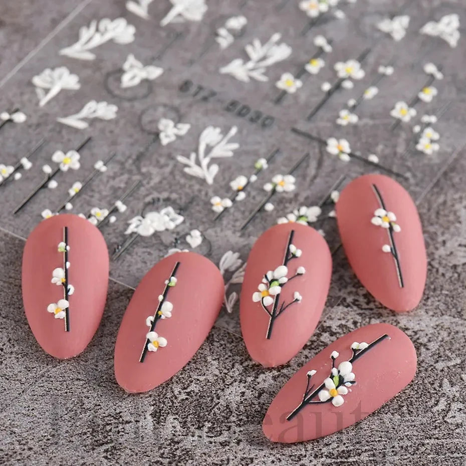 5D Simple Flowers Nail Embossed Stickers Elegant Wedding Design Adhesive Sliders Floral Textured Engraved Decoration Supplies