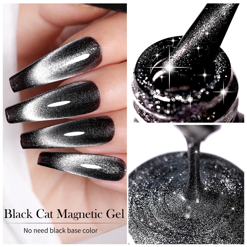 LILYCUTE 7ml 9D Black Crystal Cat Magnetic Gel Nail Polish Laser Silver Glitter Semi Permanent Manicure For Nail Art Gel Varnish
