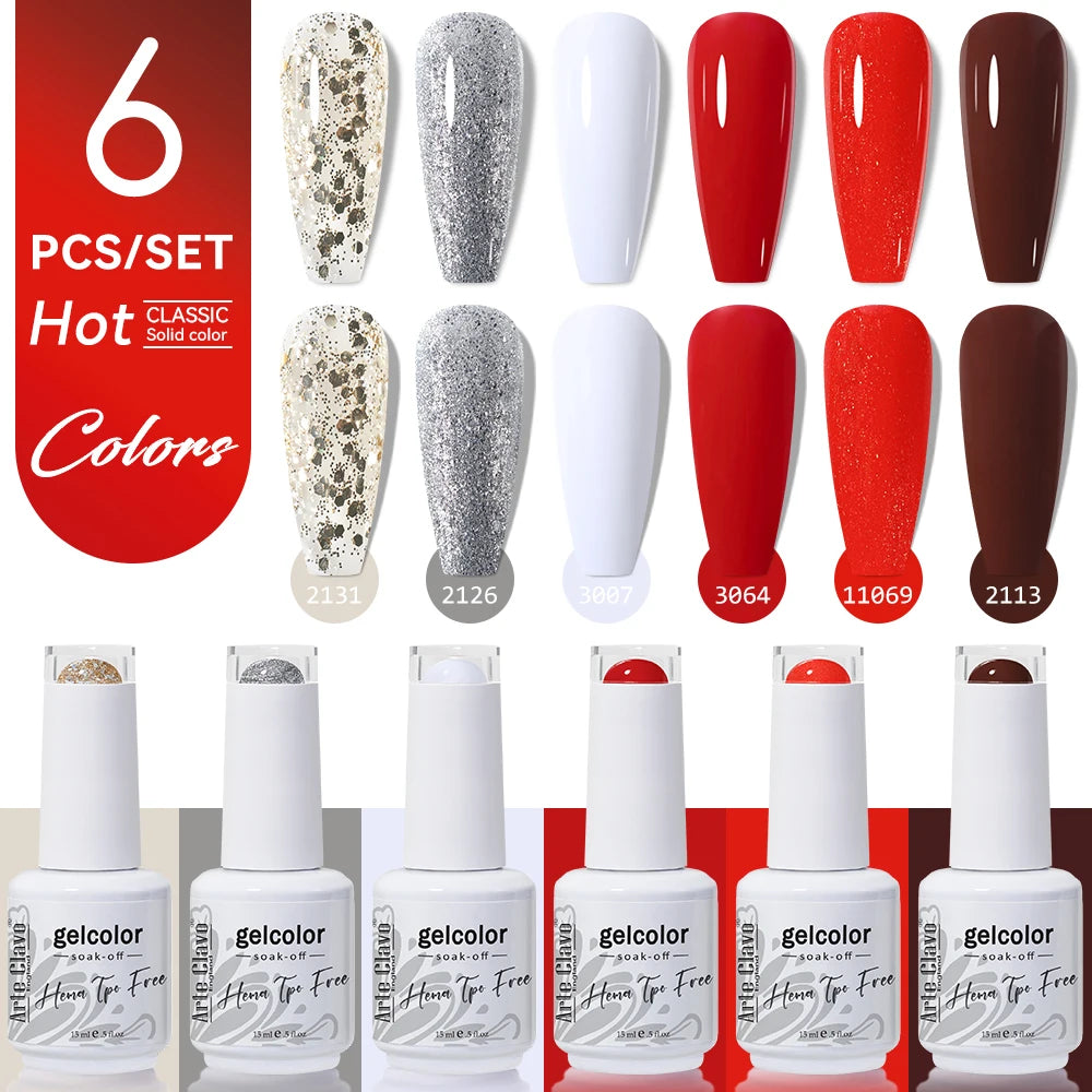 Arte Clavo 15ml Gel Polish Set 6PCS HEMA TPO Free Soak Off UV LED Nail Varnish Kit Long Lasting Manicure Gel for Nail Art Salon