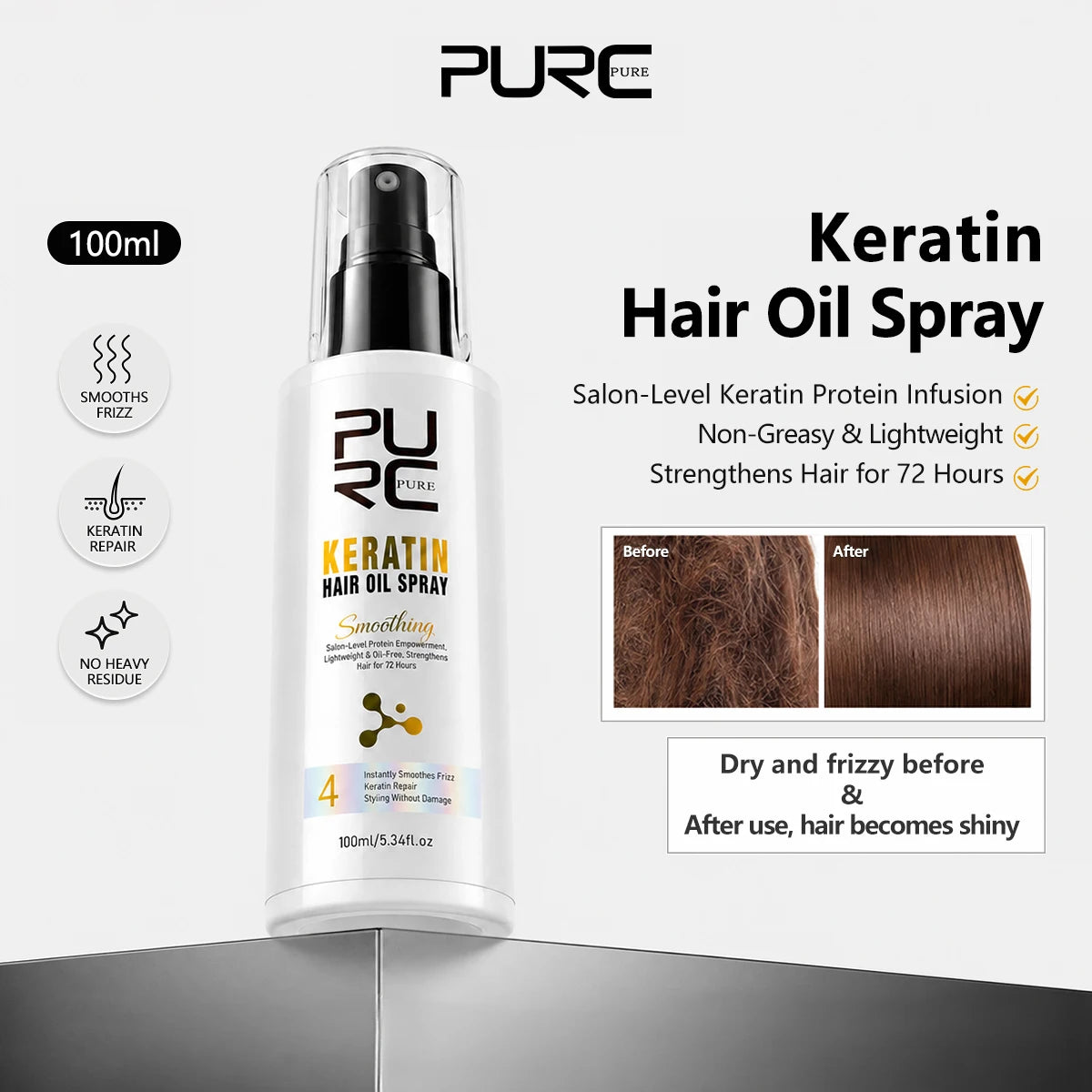 PURC Keratin Hair Oil Spray Salon Keratin Infusion Anti-Frizz Repair Shiny NonGreasy Lightweight 72H Smooth Dry Frizzy Hair Mist