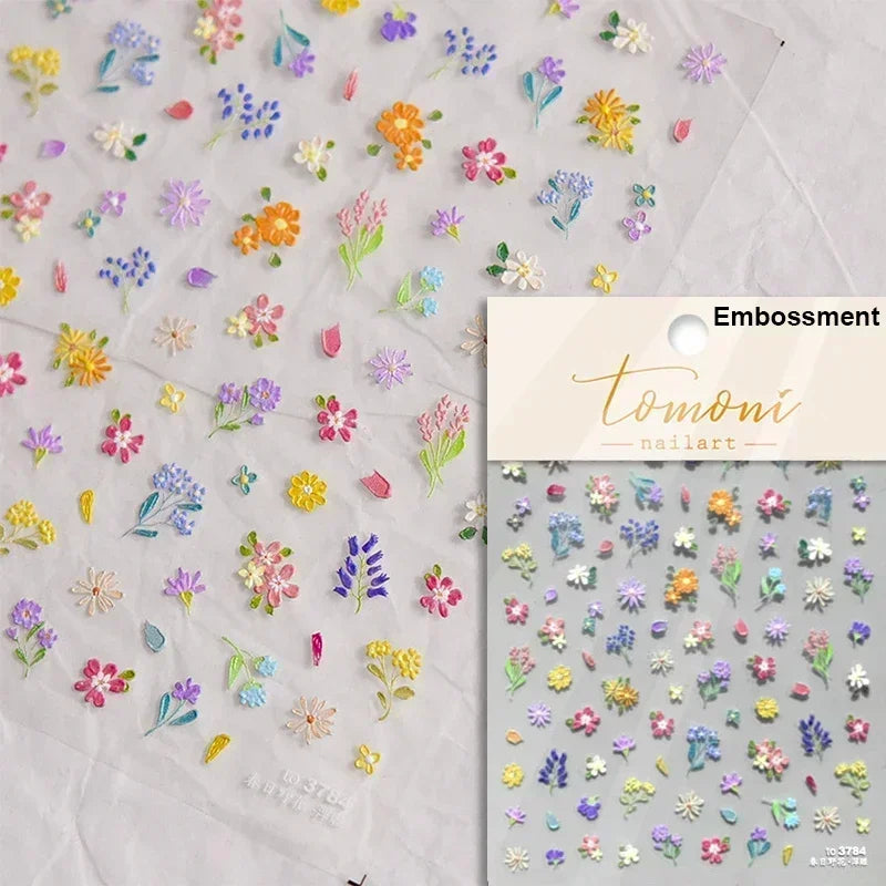 1 pc 5D sunflower nail stickers rose daisy cherry blossom self-adhesive nail art stickers oil painting style decorative sticker