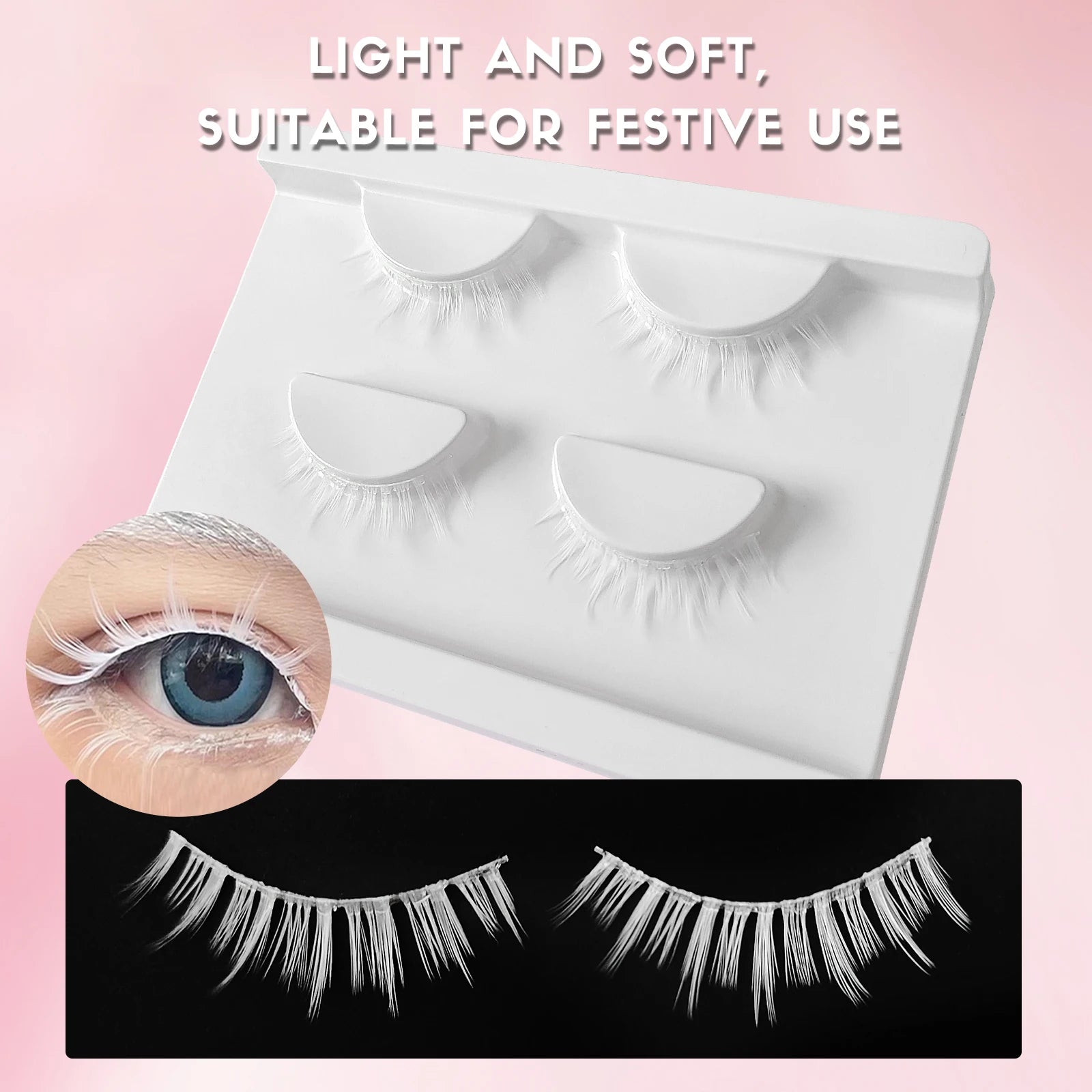 2 Pairs White Eyelashes Frozen Beauty Makeup Wedding Eyelash White Colored False Lashes for Cosplay Party Clear Bond Eyelashes