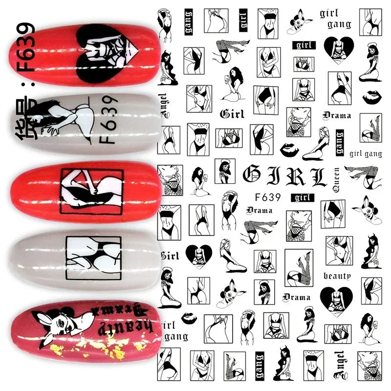 1PCS Black White Love Nail Stickers Letter Nail Design Flower Print Supplies Nail Art Decals Suitable For Women's Manicure