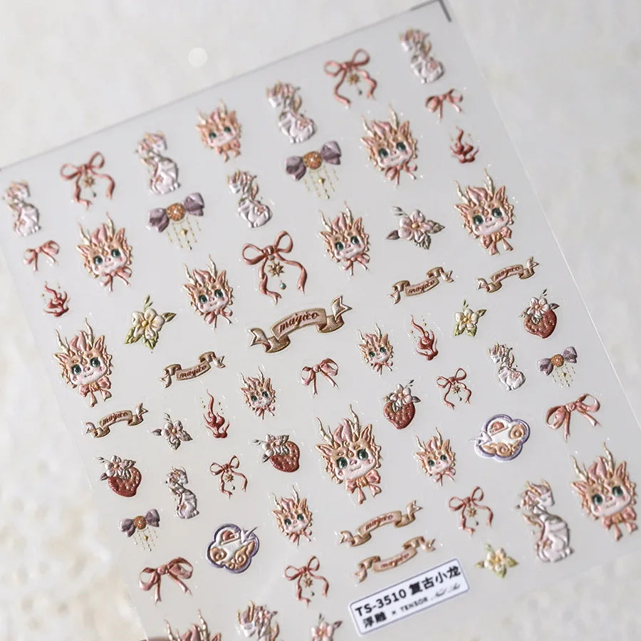 5D Kawaii Ink Wash Fairy Fox Dragon Loong Nail Art Stickers Cartoon Star Animals Backglue Nail Decoration Decals Accessories