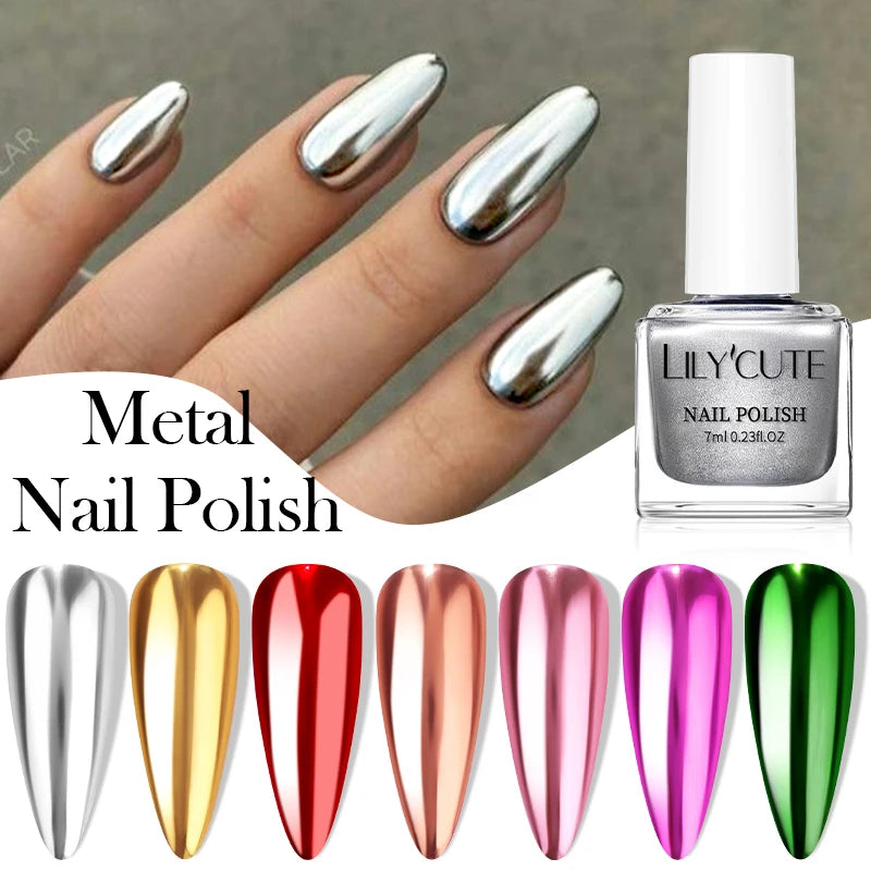 LILYCUTE 7ML Super Bright Silver Metallic Nail Polish No Need Lamp Quick Dry French Style Glass Bottle Manicure Nail Art Varnish