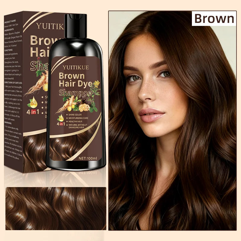 YUITIKUE Brown Hair Dye Shampoo | 4-in-1 Color, Moisturize, Nourish, Natural Ginger Formula 100ml