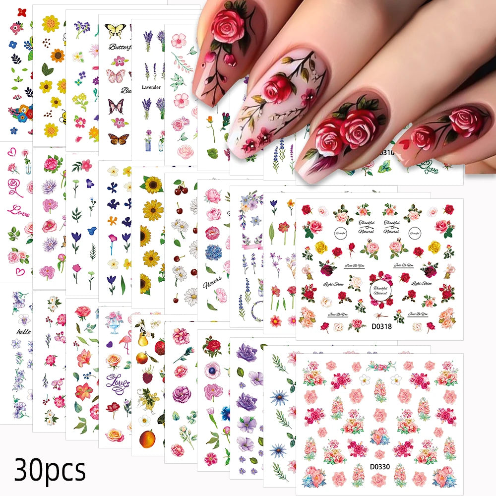 3D Colorful Flowers Cherry Blossoms Rose Daisy Nail Decals 20/30/60/70/90pcs Cute Heart Nail Sticker Manicure Decoration 5.5*6cm