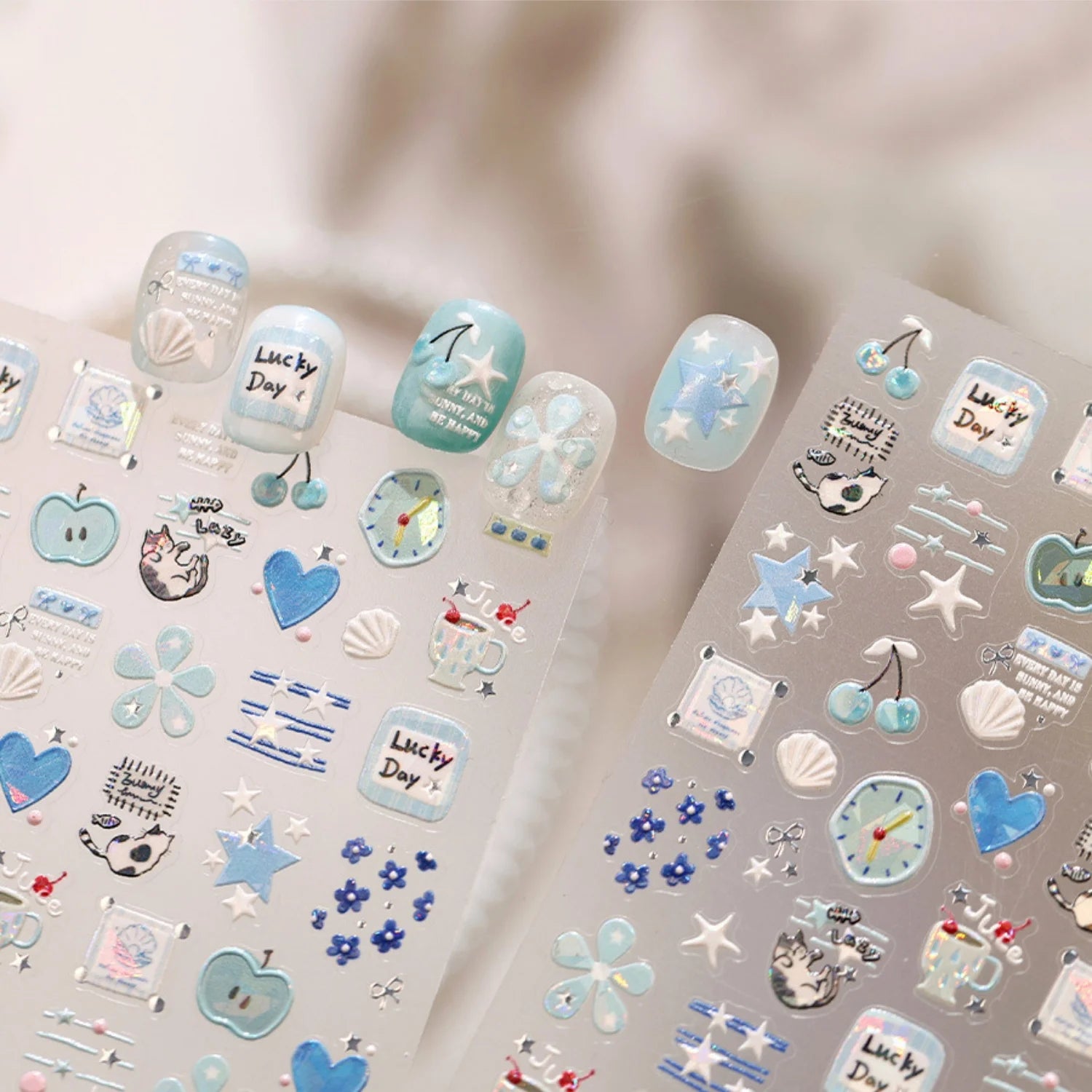 Light Blue 5D Nail Art Stickers Cartoon Cat Cherry Apple Clock Starfish Shell Blossom Decal Self Adhesive Sweet Fresh Manicure