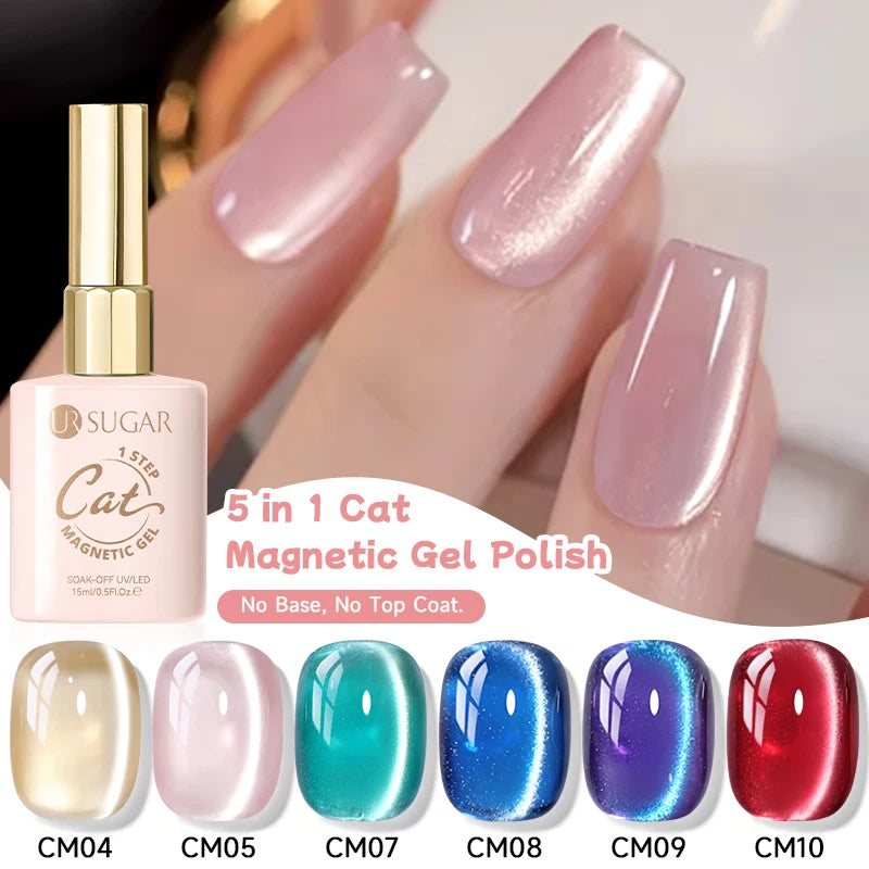 UR SUGAR 5-in-1 15ml Cat Magnetic Gel Polish 1-Step No Base No Top Coat Dry UV LED Nail Gel Long Lasting Easy Apply