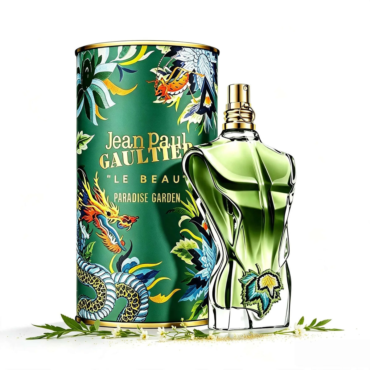 Jean Paul Gaultier Le Beau Paradise Garden Men Perfume 100ml, Special Human Torso Design Green Bottle With Ornate Dragon Floral Tin Box, Bright Fresh Spicy Woody EDP Fragrance For Daily Party Dating