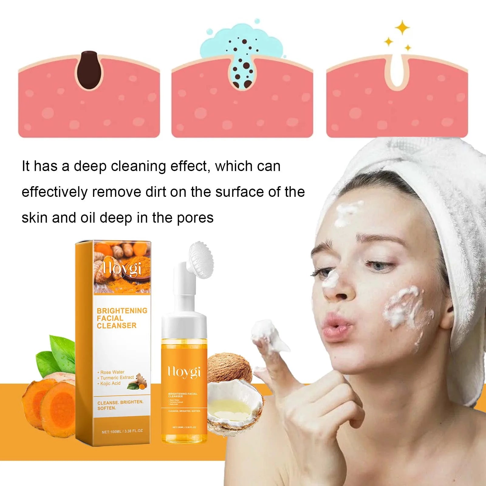 HOYGI Turmeric Cleanser Foam Deep Cleansing Blackheads Removal Moisturizing Shrink Pores Oil Control Skin Purifying Care 100ml