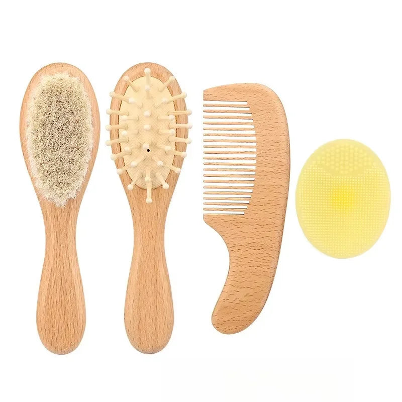 4pcs Baby Brushes Comb Set Wooden Natural Ultra Soft Goat Baby Hair Massage Brush for Newborn Hair Combs Set for Boy Girl