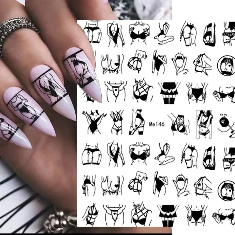 1PCS Black White Love Nail Stickers Letter Nail Design Flower Print Supplies Nail Art Decals Suitable For Women's Manicure