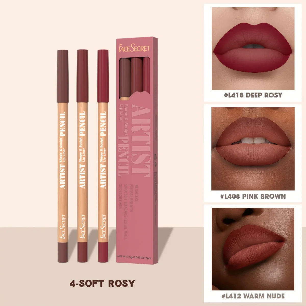 Face Secret 3pcs Set Nude Lip Liner, Natural Matte,Long-Lasting Waterproof,High Pigmented Hook Line Lip Pencil Makeup