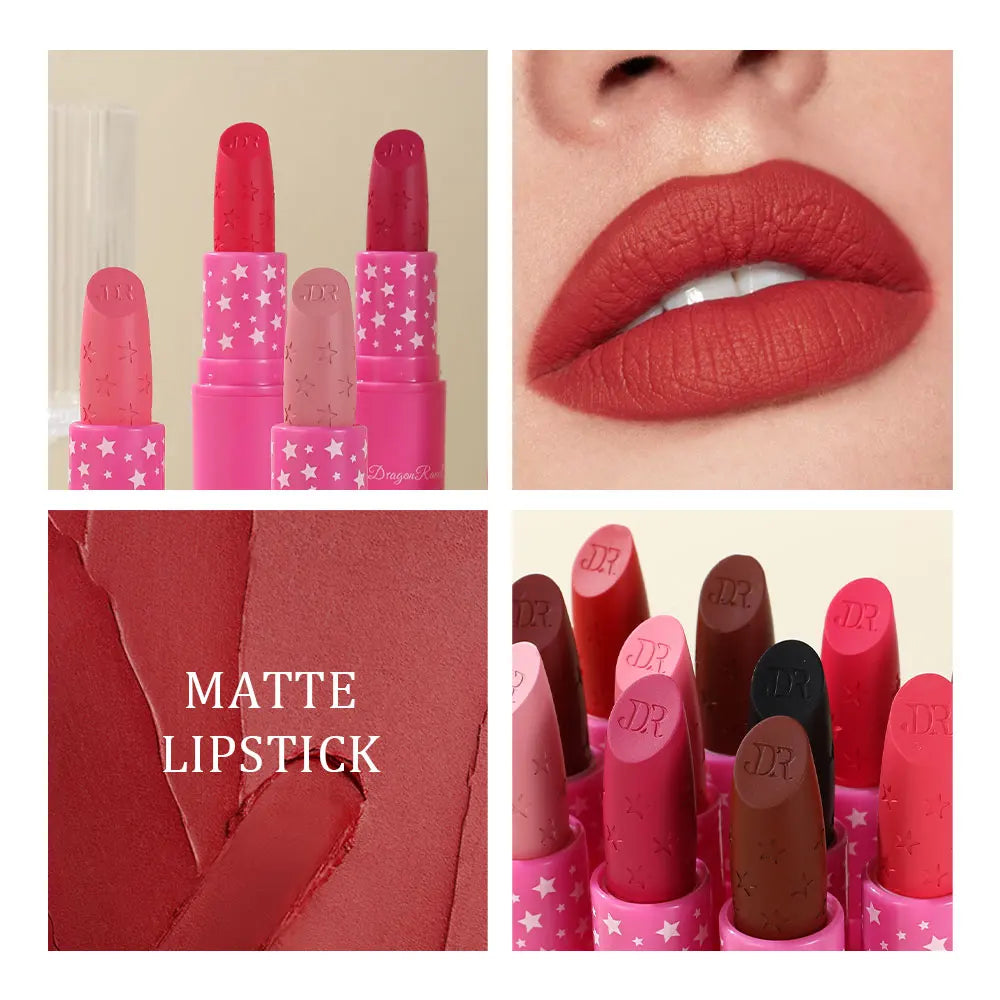 Waterproof Rose Pink Lipstick Star Embossed Velvet Matte Lasting Lip Stick Lasting Non-stick Cup Lip Gloss Women Makeup Cosmetic