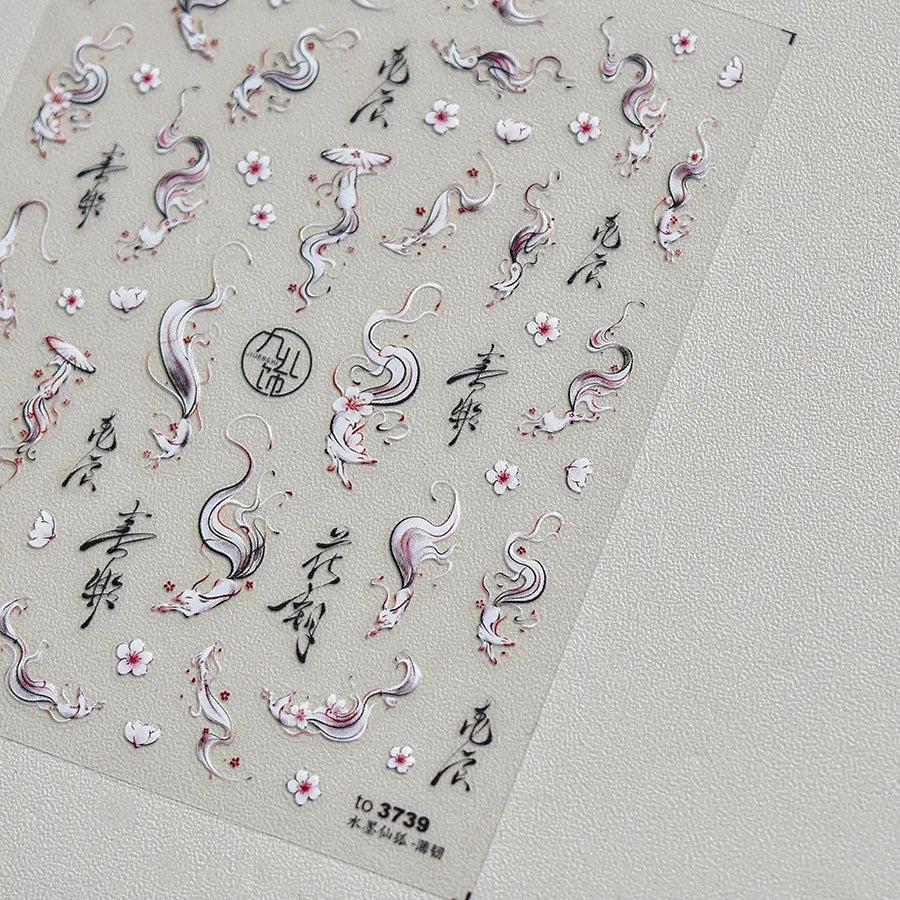 5D Kawaii Ink Wash Fairy Fox Dragon Loong Nail Art Stickers Cartoon Star Animals Backglue Nail Decoration Decals Accessories