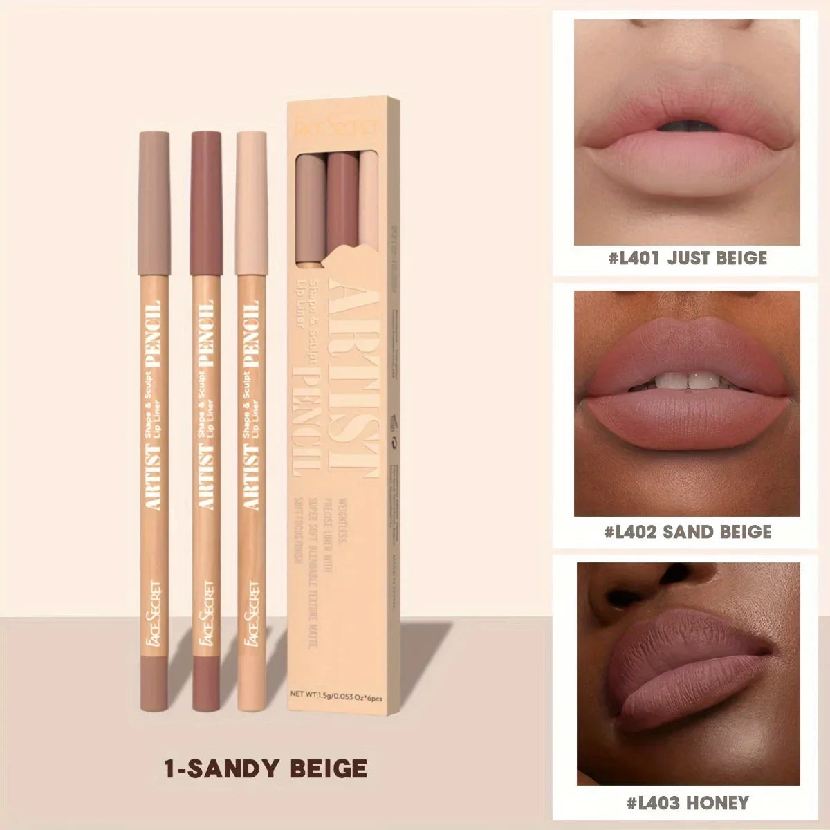 Face Secret 3pcs Set Nude Lip Liner, Natural Matte,Long-Lasting Waterproof,High Pigmented Hook Line Lip Pencil Makeup