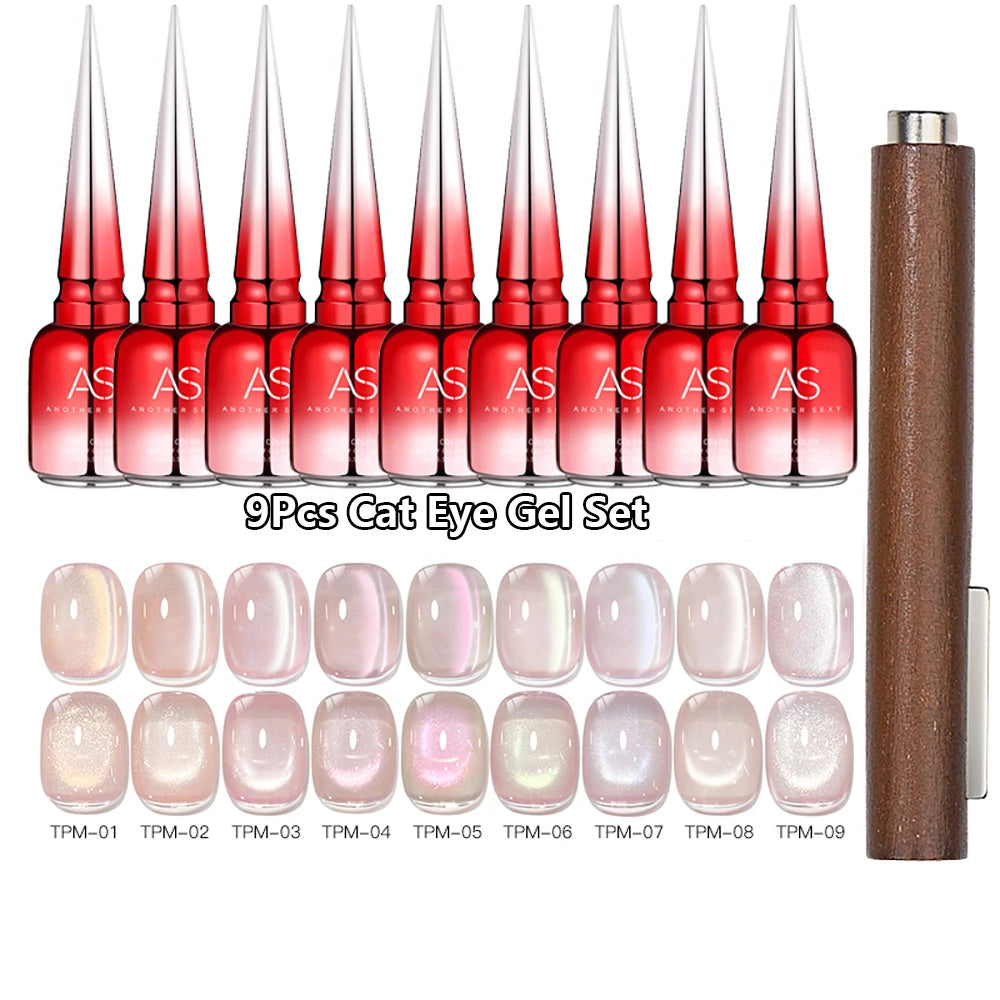 AS 9pcs Cat Eye Magnetic Moonlight Gel Nail Polish Set 15ml Sparkle White Silver Water Light Red UV Gel Nail Art Manicure Vernis