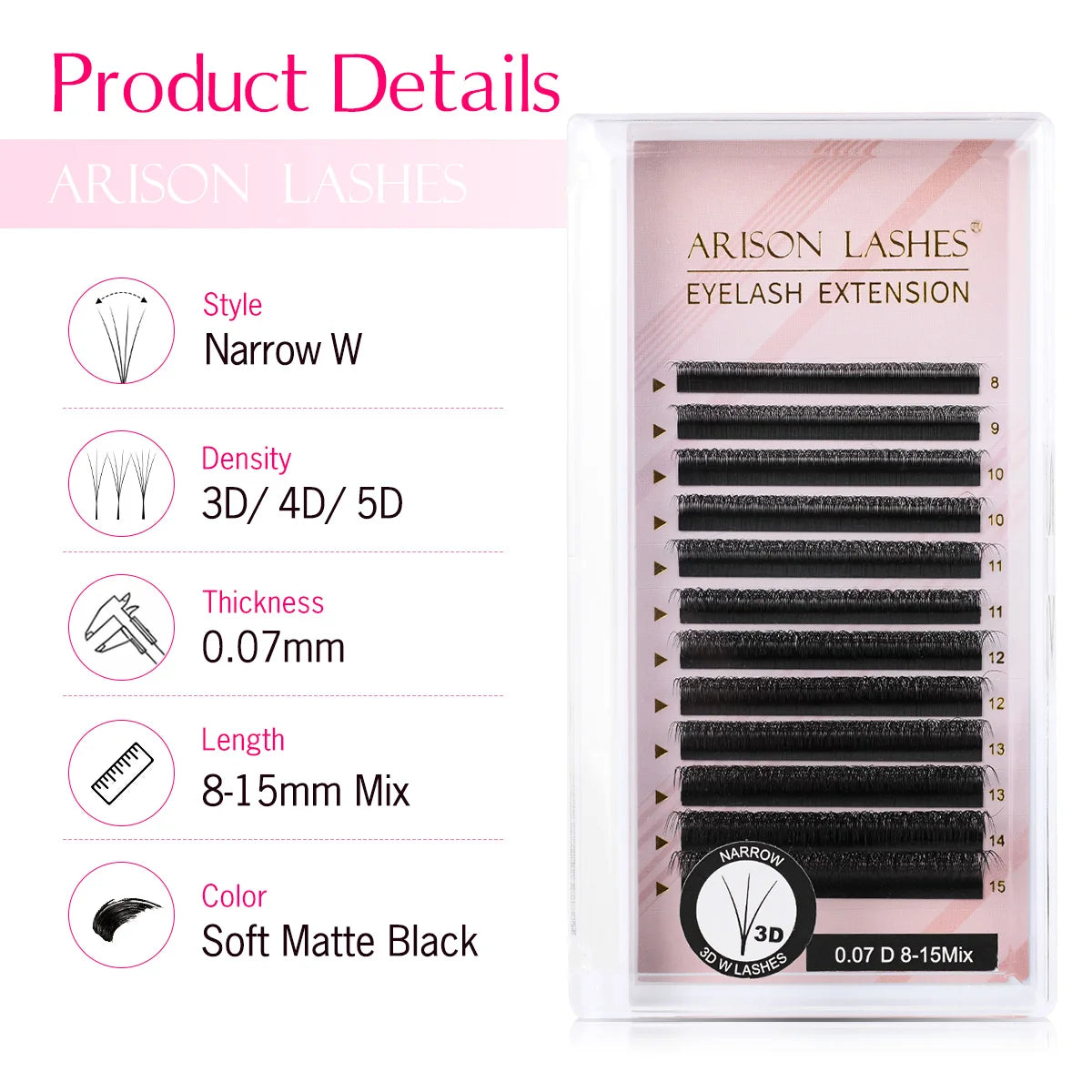 ARISON Narrow 3D/4D/5D W Eyelashes Extension Premade Fans V Shaped Soft Matte Black Easy Pick Up False Lashes