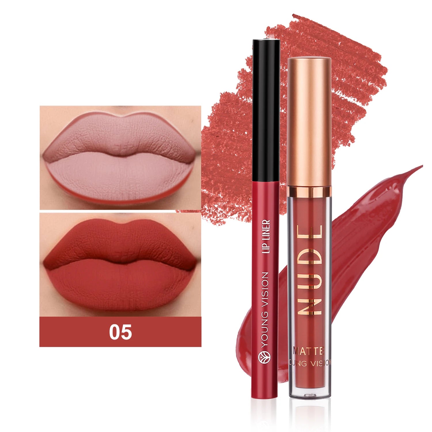 YOUNG VISION Dual Color Lip Liner Lip Gloss Combo Set Color Showing Waterproof Sweatproof Non-Sticky Cup Lip Gloss Set