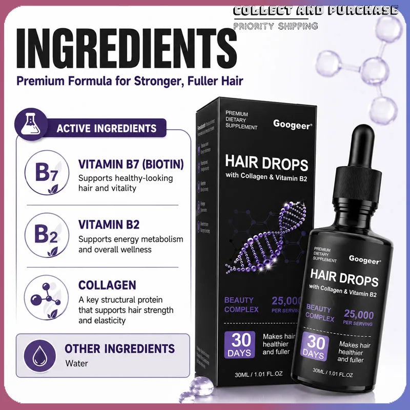 Googeer Collagen Hair Drops 30ML with Vitamin B2 for Stronger Fuller Hair Beauty Complex 30 Day Supply