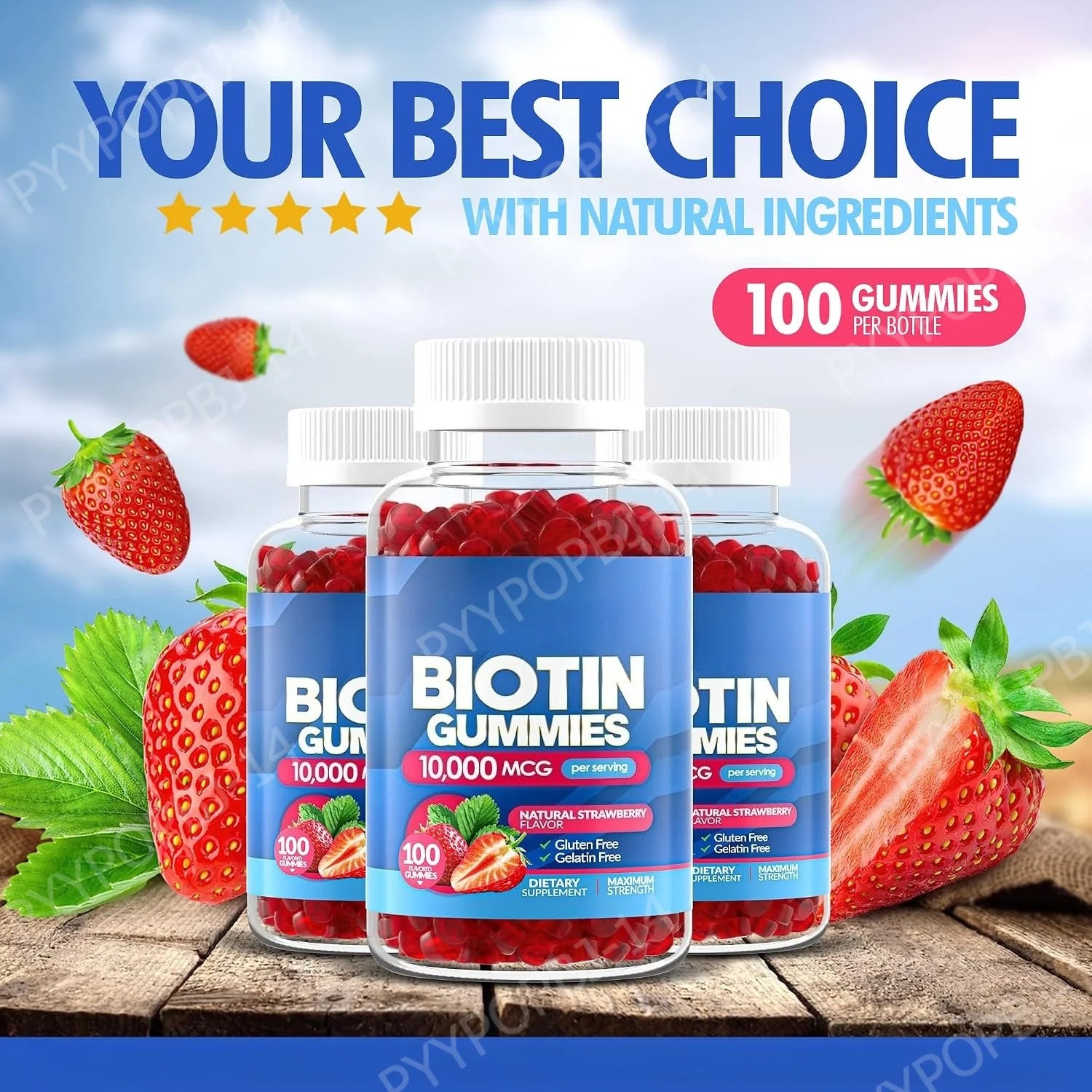Biotin Gummies 10000 Mcg Hair Skin Nails Support, Vitamin B7 Beauty Supplement, Gluten Free Vegan Non-GMO Strawberry, 60 Gummies